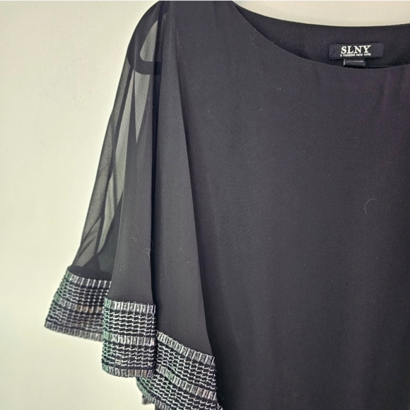 NWT SLNY Foil Trim Assymetrical Chiffon & Jersey Popover Cape Midi Dress Size 6 - Picture 3 of 8